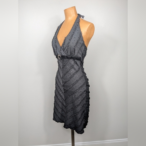 Vintage Y2K Honey Punch Little Black Mini Dress Halter Neck Size Medium Sequins - Picture 3 of 11